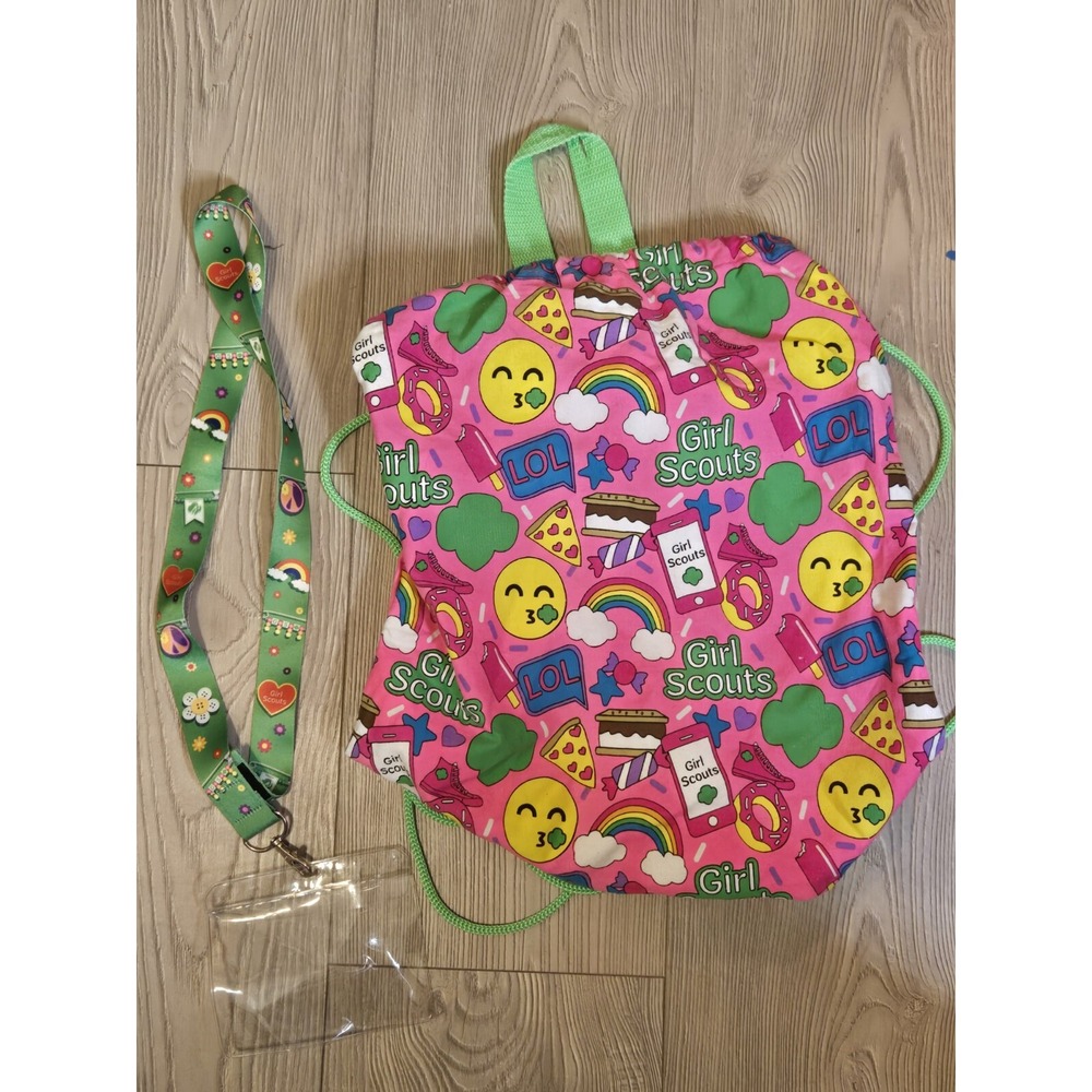 Girl Scouts Pink Emoji Drawstring Backpack Cinch Bag and Green Lanyard Set